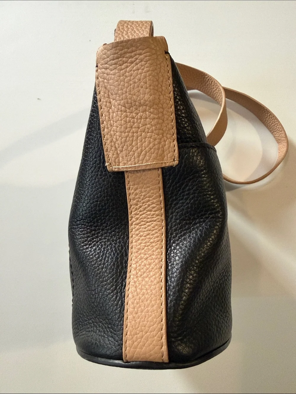 Black Pebbled Crossbody with Tan Strap